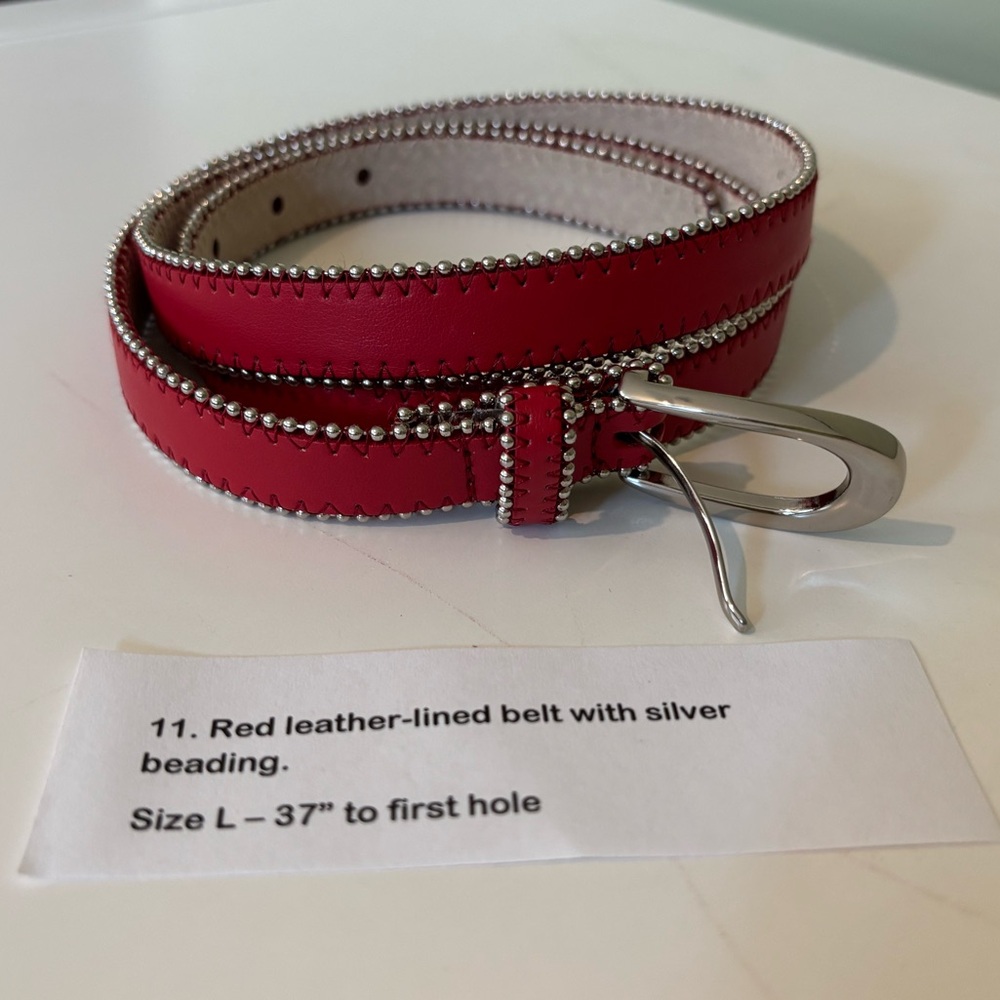 Red Skinny Leather-Lined Belt with Silver Tone Beaded Detail